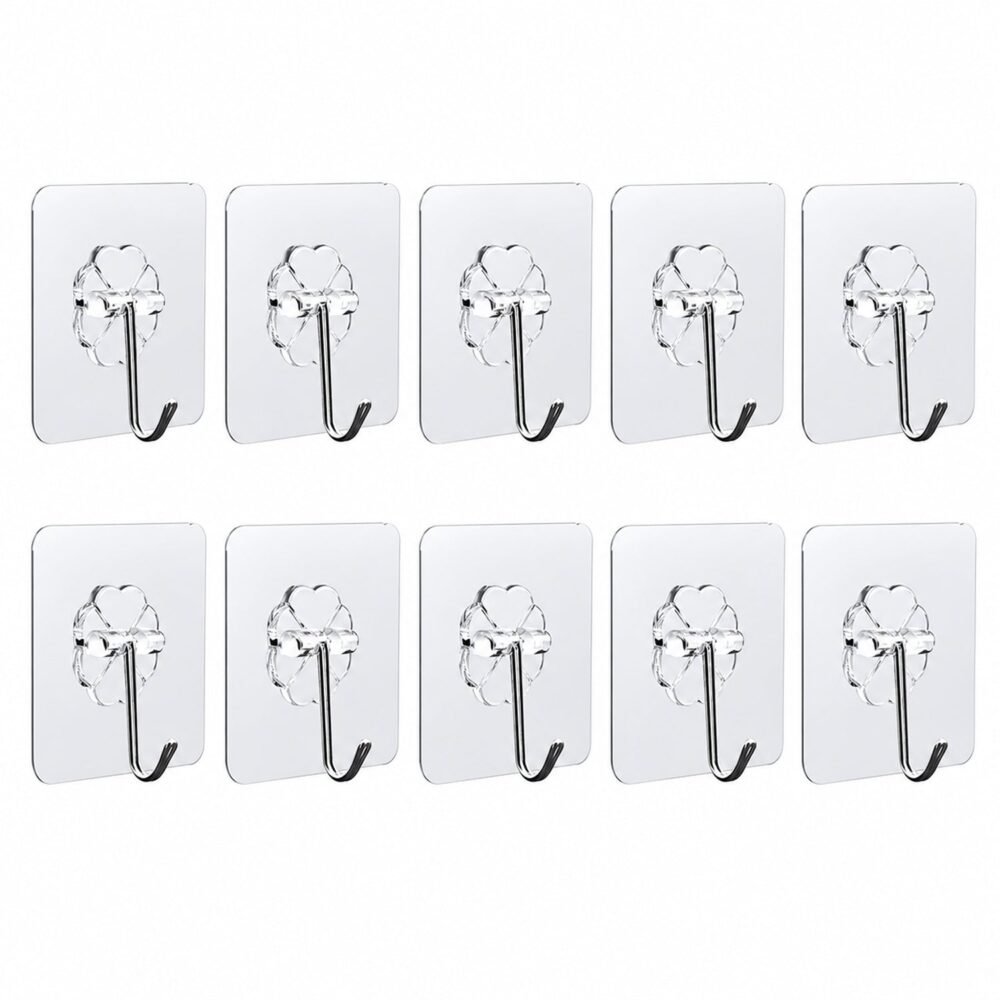 Strong Transparent Adhesive Wall Hooks – 10 Pc Set for Home & Kitchen
