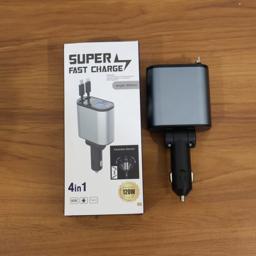 4-in-1 Car Charger – Dual Cables & 120W Super Fast Power