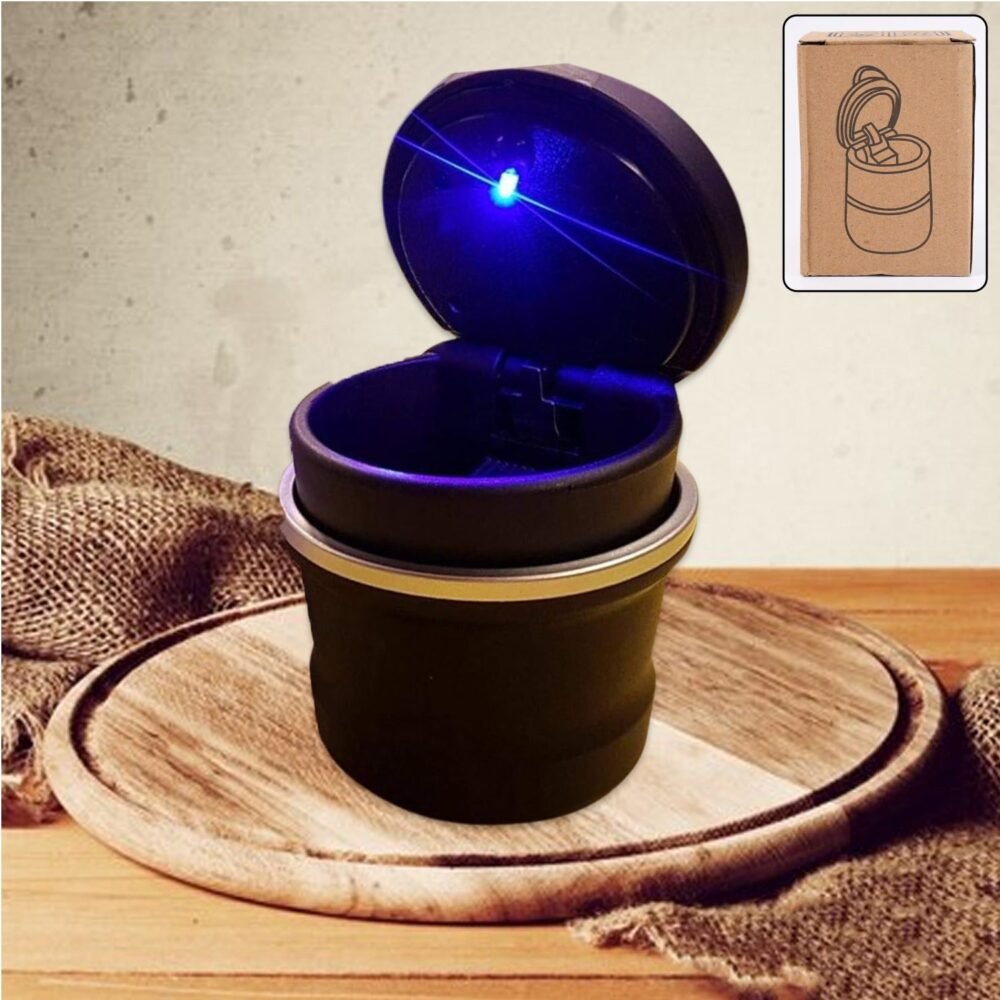 Portable Car Ashtray with Lid and Blue LED Light – Smokeless & Odour-Free