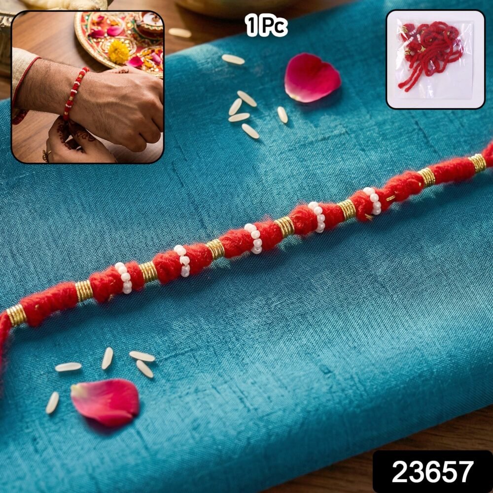 Handmade Red Rakhi with White Beads – Traditional Celebration Accessory