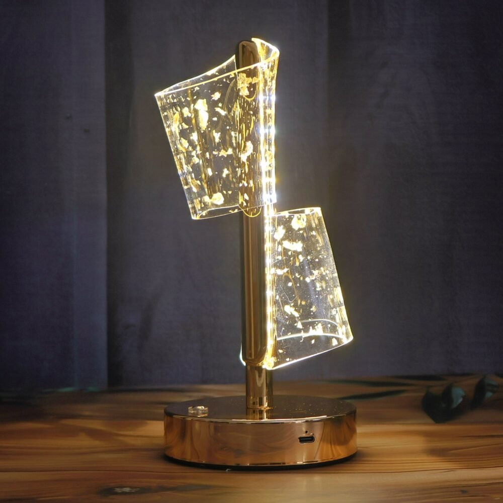 Golden Crystal LED Double Shade Table Lamp – Elegant USB Charging Light