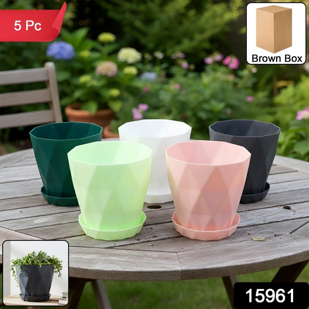 39415961-45Pc-Diamondflowerpot-Av-Sv.jpg Diamond Design Plastic Flower Pot Set – Stylish 5-Piece Planters with Drain Tray