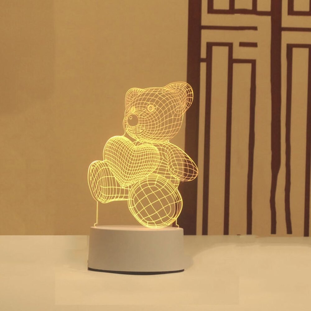 3D Teddy Bear Night Lamp – Captivating Heart Illusion for Kids and Home