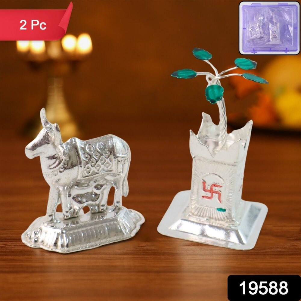 3e869815-ee96-4c83-abc6-6cdf0ca731eb.jpg Kamdhenu Cow & Tulsi Plant Silver-Plated Pair – Divine Pooja Décor