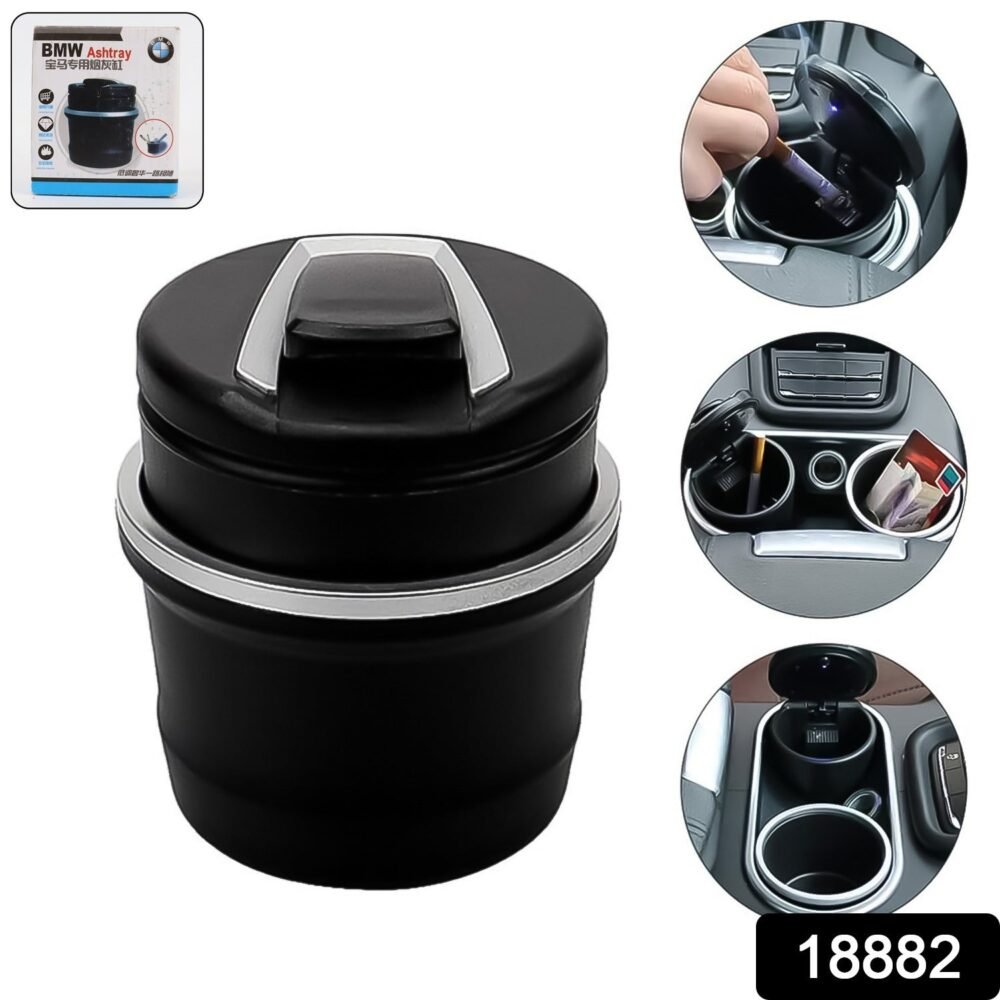 Car Ashtray with Lid & Blue LED Light – Portable Smokeless Design