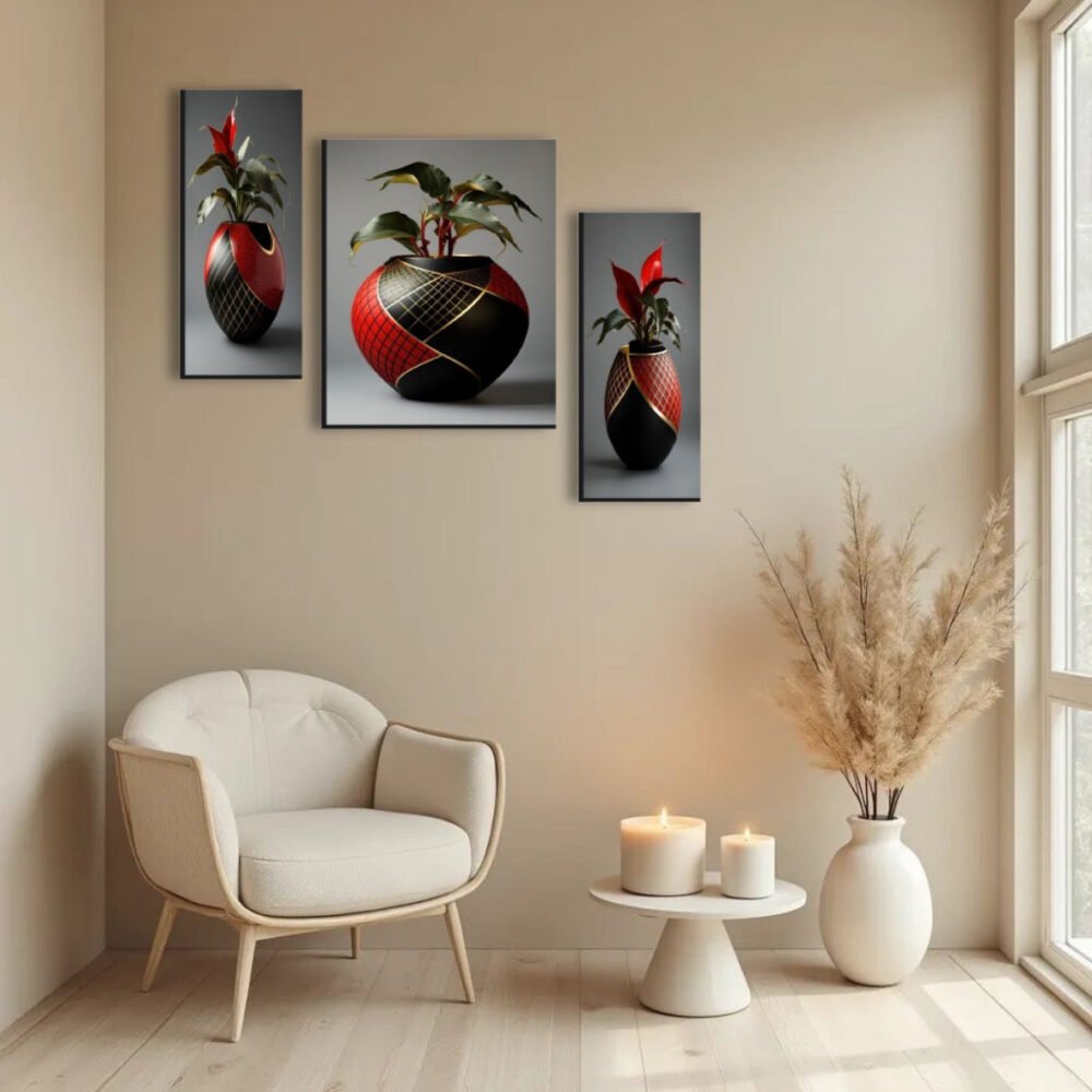 Flower Vase Wall Art – Vibrant Floral 3-Panel MDF Frame