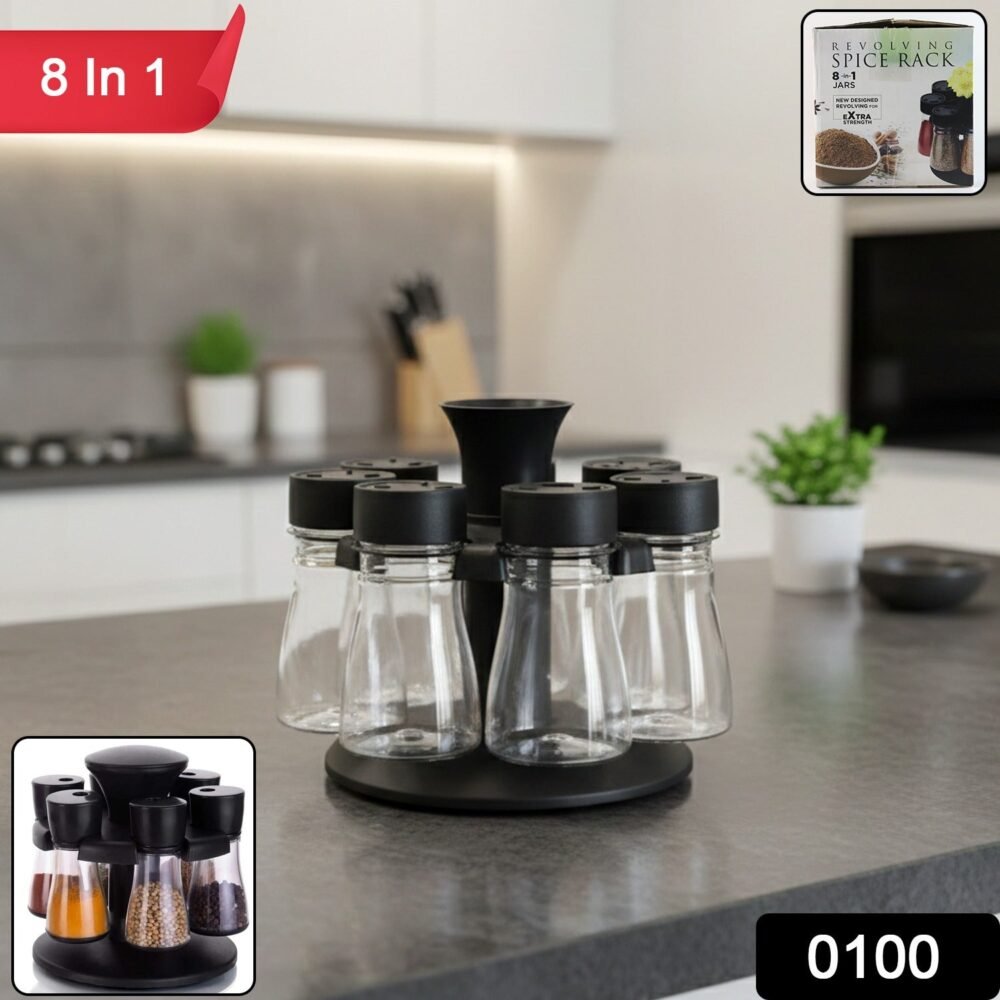 Revolving Plastic Spice Rack – 8 Jars with Rotating Stand