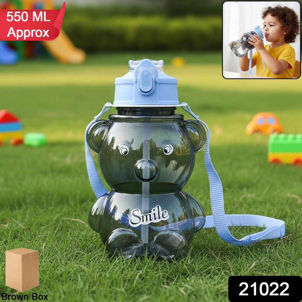 Kids Water Bottle – Cartoon Bear Shape with Straw & Strap