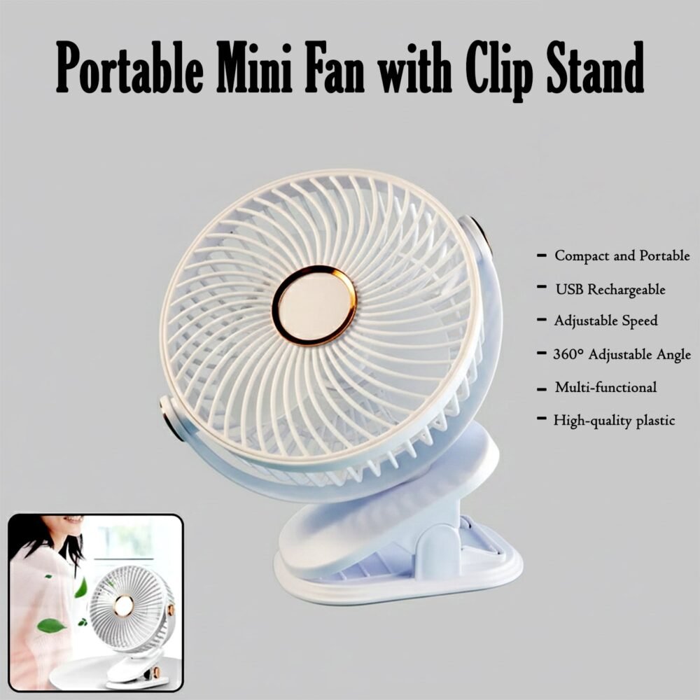 Portable Mini Fan – USB Rechargeable Clip-On Fan with Adjustable Speed