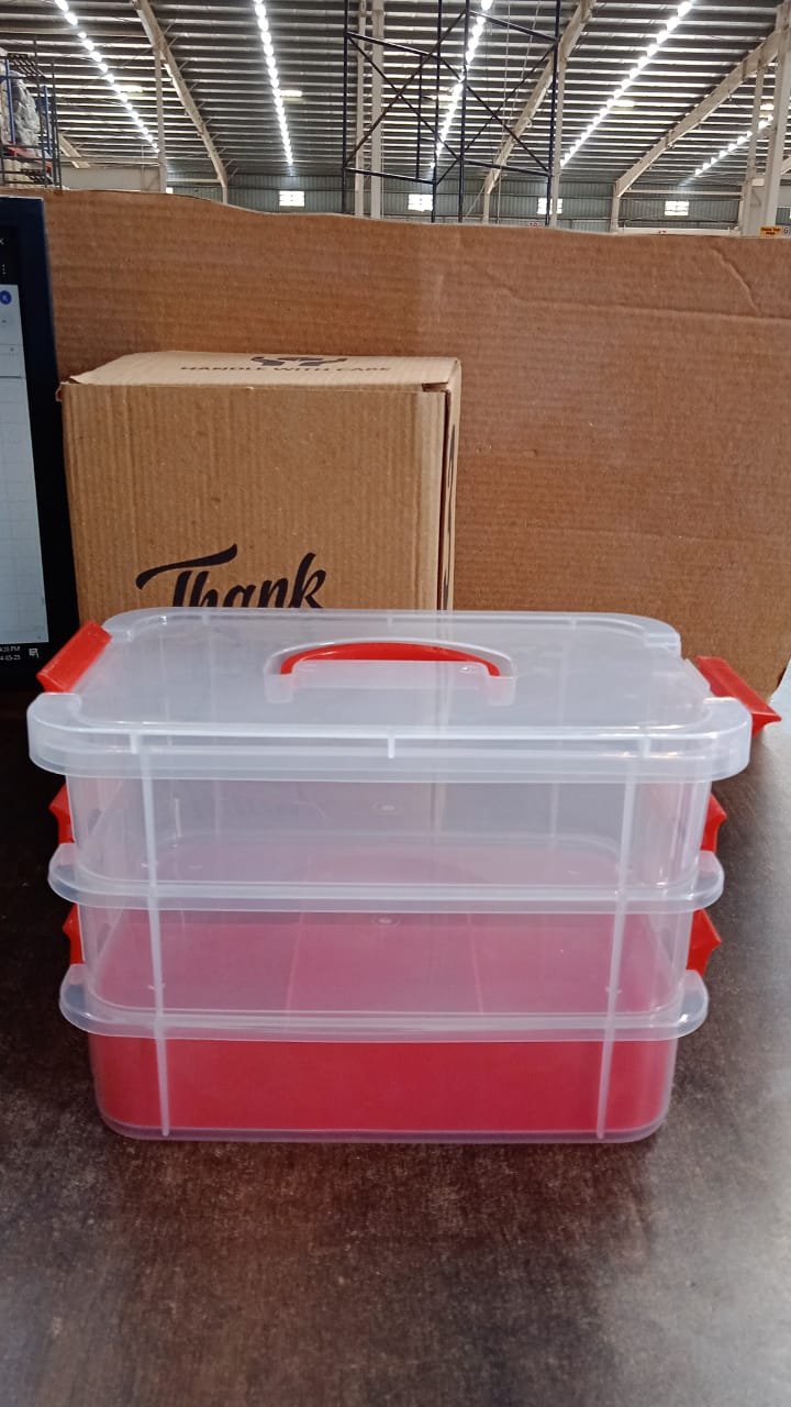 Transparent 3-Layer Storage Box with Handle and Lock Clips