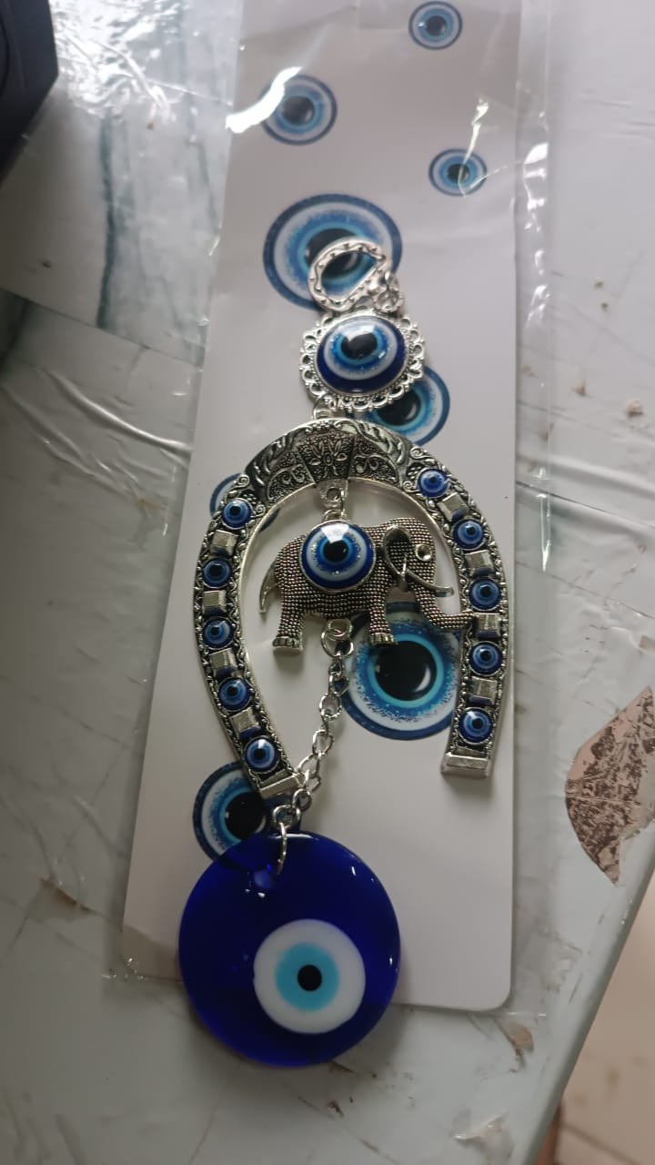 Evil Eye Hanging with Elephant & Horseshoe – Protective Wind Chime