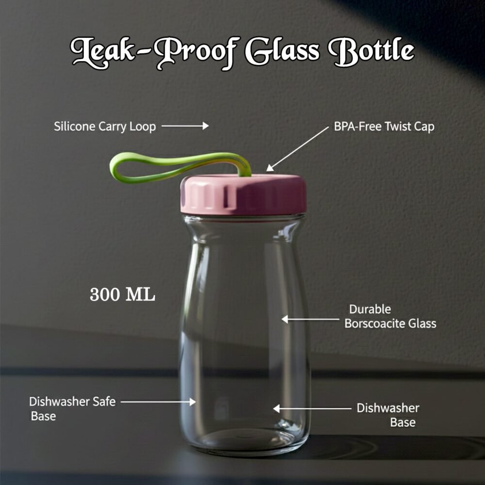 Glass Bottle 300ML – Leak-Proof Lid & Portable Handle
