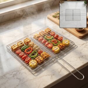 BBQFishMeat-WOSKU-01.jpg Stainless Steel BBQ Grill Mesh – Foldable & Durable for Outdoor Cooking
