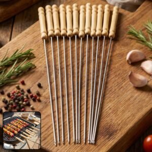 Stainless Steel BBQ Skewers – Reusable Grilling Sticks with Wooden Handle