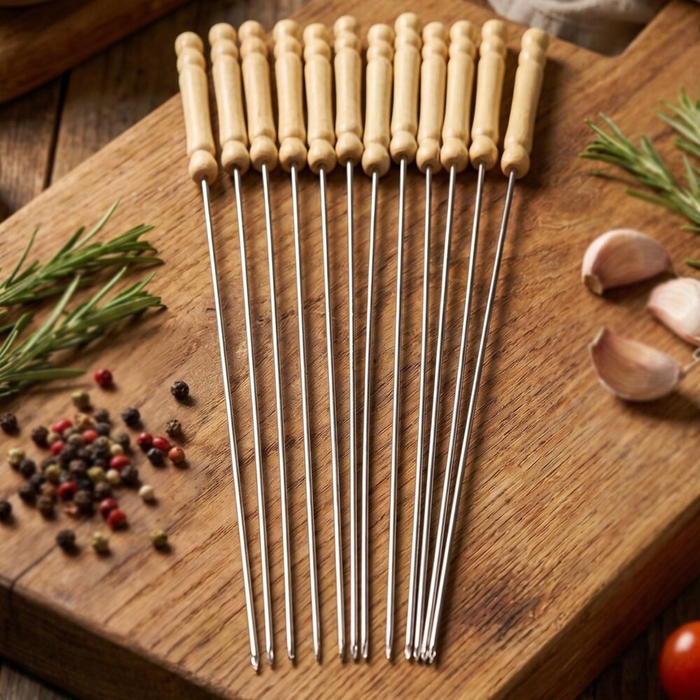 Stainless Steel BBQ Skewers – Reusable Grilling Sticks with Wooden Handle