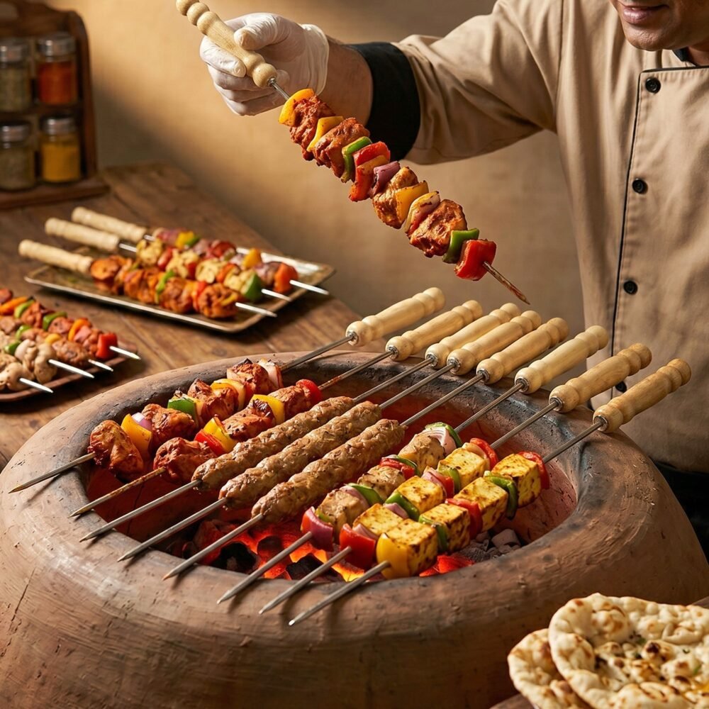 Stainless Steel BBQ Skewers – Reusable Grilling Sticks with Wooden Handle