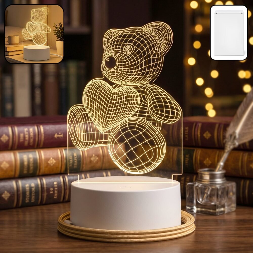 3D Teddy Bear Night Lamp – Captivating Heart Illusion for Kids and Home