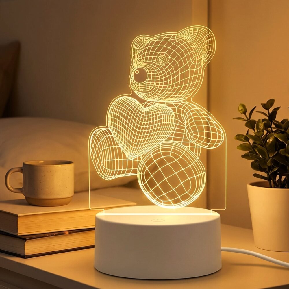 3D Teddy Bear Night Lamp – Captivating Heart Illusion for Kids and Home