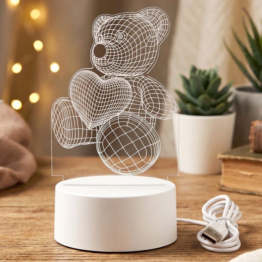 3D Teddy Bear Night Lamp – Captivating Heart Illusion for Kids and Home