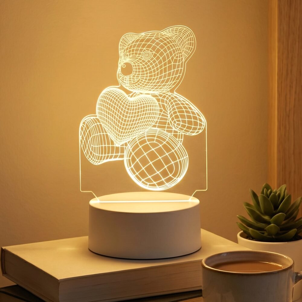 3D Teddy Bear Night Lamp – Captivating Heart Illusion for Kids and Home