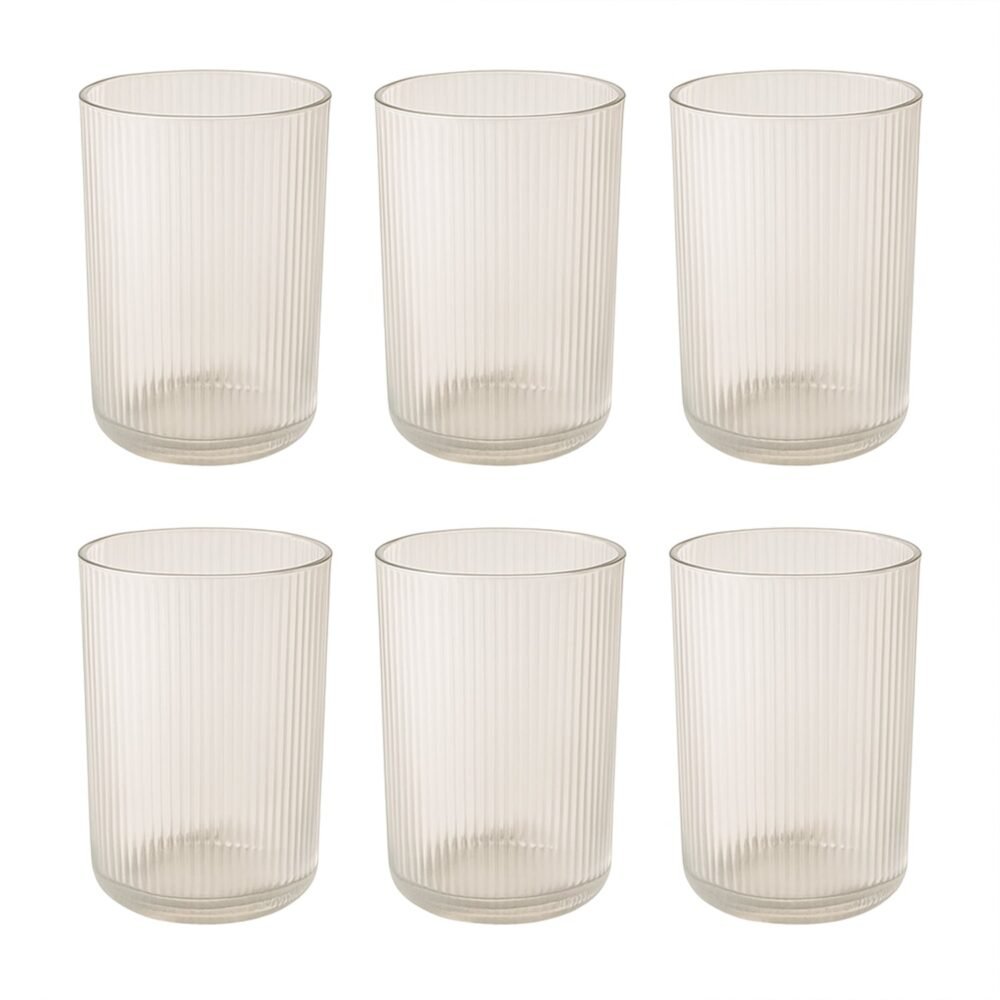 Plastic Glass Set – 6 Tall Ribbed 300ml Unbreakable Glasses
