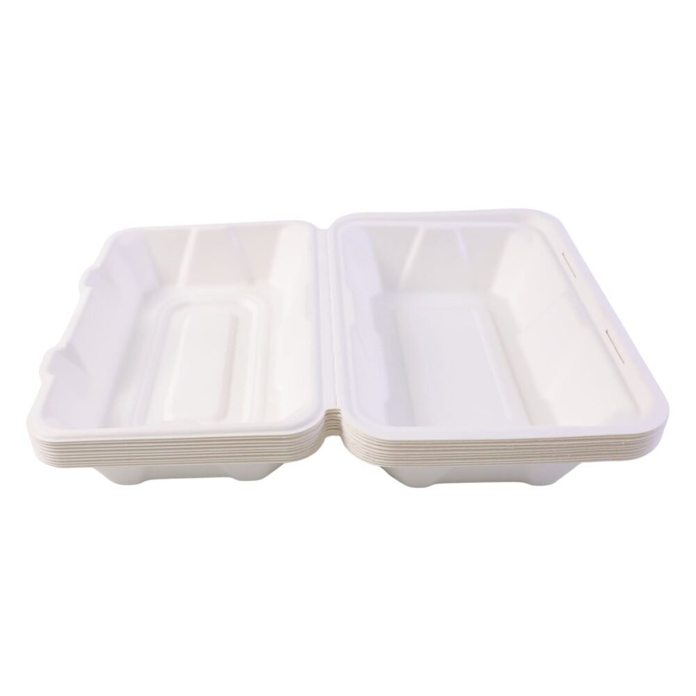 Clamshell-04.jpg Bagasse Clamshell Food Box – Eco-Friendly 9x6 Inch Disposable Set