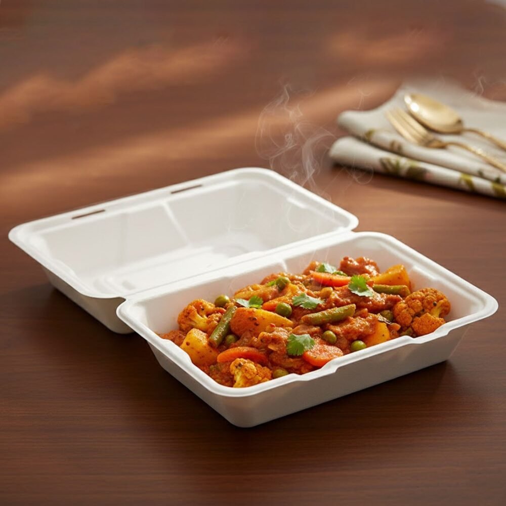 Clamshell-05.jpg Bagasse Clamshell Food Box – Eco-Friendly 9x6 Inch Disposable Set