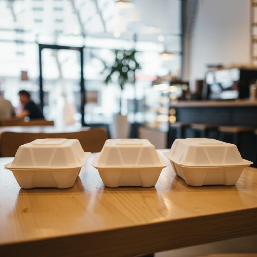 Clamshell-06.jpg Bagasse Clamshell Food Box – Eco-Friendly 9x6 Inch Disposable Set