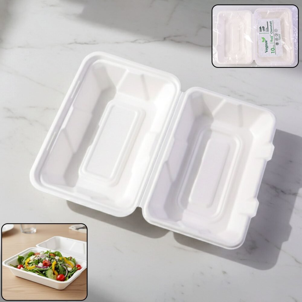 Clamshell-WOSKU-01.jpg Bagasse Clamshell Food Box – Eco-Friendly 9x6 Inch Disposable Set