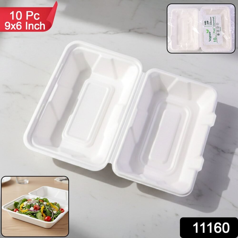 Clamshell-WSKU-01.jpg Bagasse Clamshell Food Box – Eco-Friendly 9x6 Inch Disposable Set