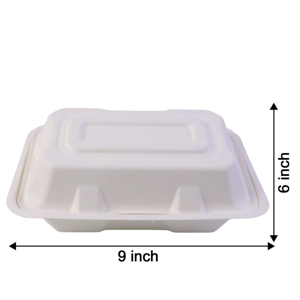 Clamshell-size.jpg Bagasse Clamshell Food Box – Eco-Friendly 9x6 Inch Disposable Set
