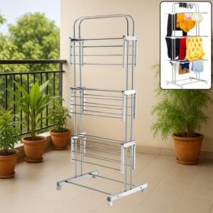 Stainless Steel Clothes Drying Stand – Foldable 3-Layer Rack with Wheels