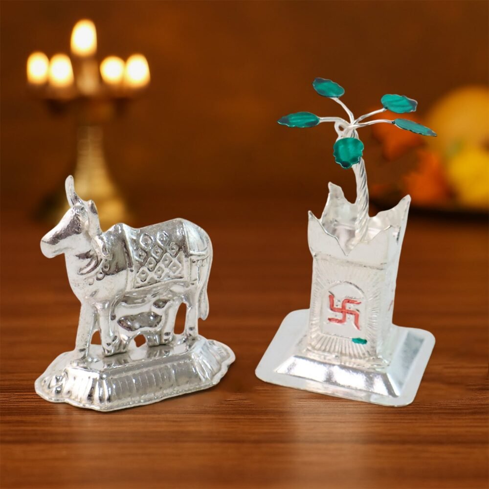 Cow-And-Tulsi-01.jpg Kamdhenu Cow & Tulsi Plant Silver-Plated Pair – Divine Pooja Décor