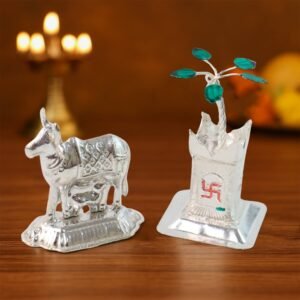 Cow-And-Tulsi-01.jpg Kamdhenu Cow & Tulsi Plant Silver-Plated Pair – Divine Pooja Décor