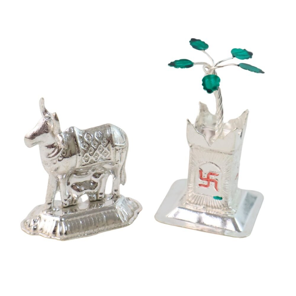 Cow-And-Tulsi-05.jpg Kamdhenu Cow & Tulsi Plant Silver-Plated Pair – Divine Pooja Décor