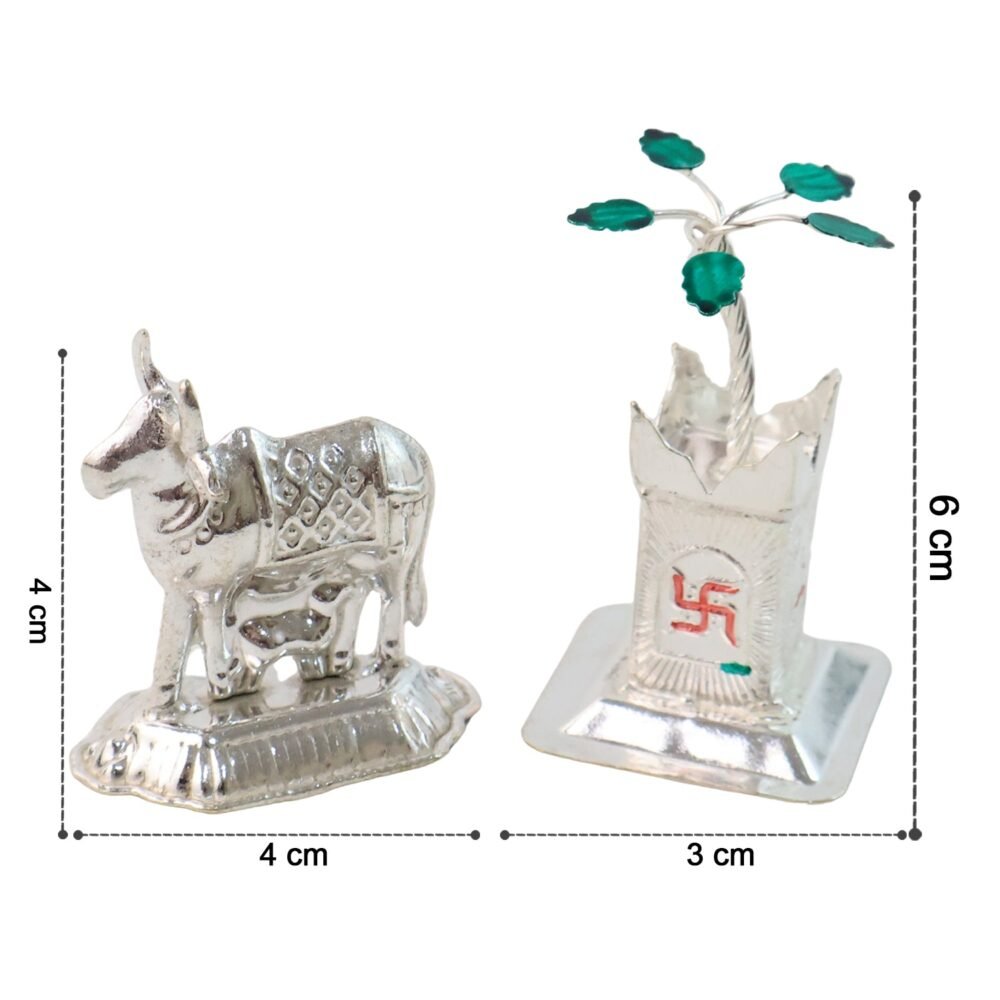 Cow-And-Tulsi-06.jpg Kamdhenu Cow & Tulsi Plant Silver-Plated Pair – Divine Pooja Décor