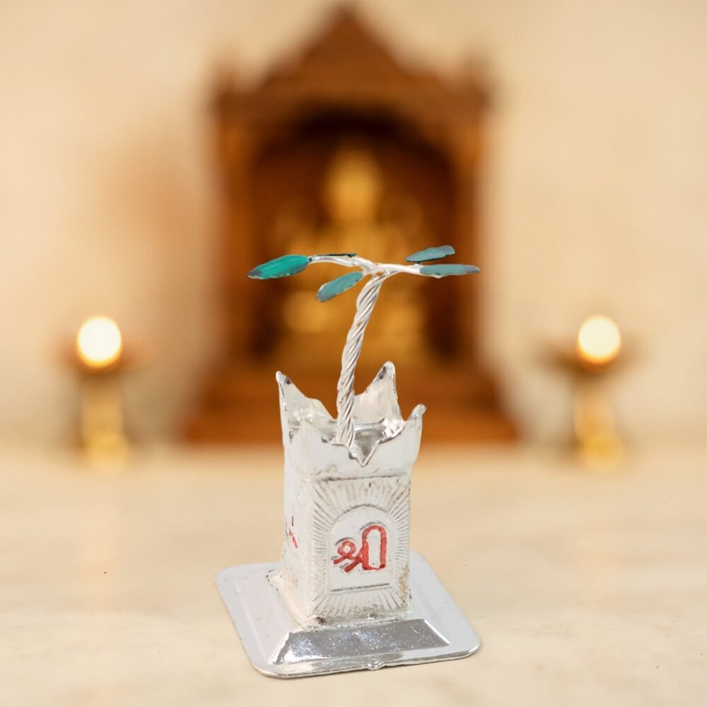 Cow-And-Tulsi-09.jpg Kamdhenu Cow & Tulsi Plant Silver-Plated Pair – Divine Pooja Décor