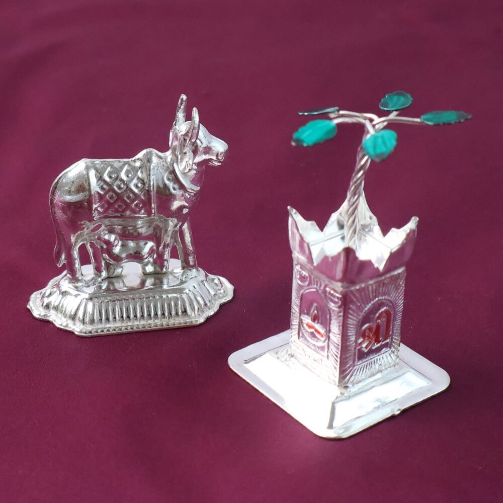 Cow-And-Tulsi-10.jpg Kamdhenu Cow & Tulsi Plant Silver-Plated Pair – Divine Pooja Décor