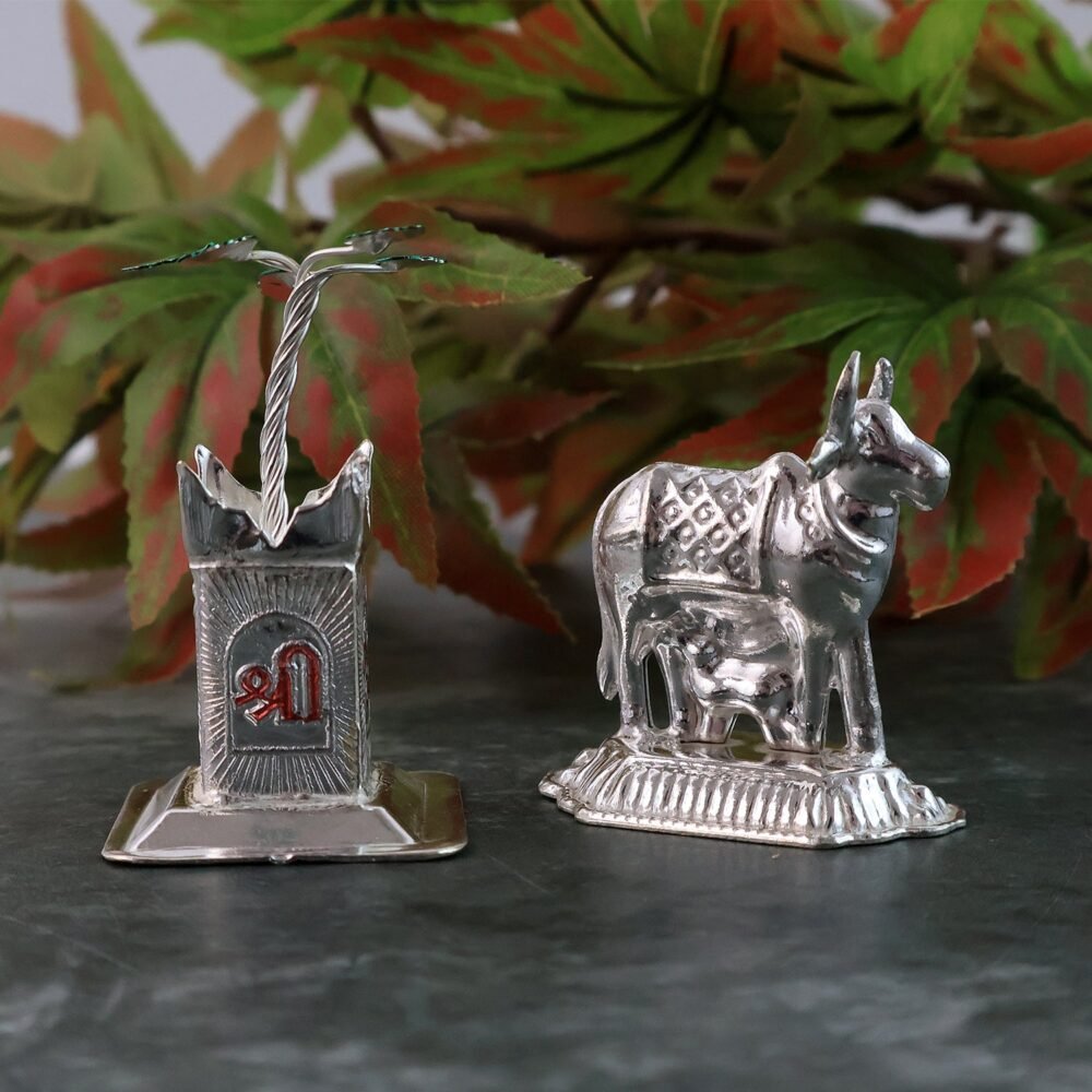 Cow-And-Tulsi-11.jpg Kamdhenu Cow & Tulsi Plant Silver-Plated Pair – Divine Pooja Décor