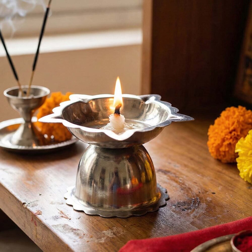 Sunflower Design Stainless Steel Diya Stand – Small Durable Pooja Lamp