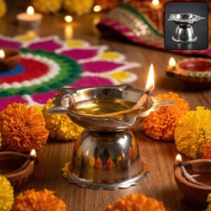 Diya-WOSKU-01_87d788ea-31cd-416b-aa86-a8d78b548d4e.jpg Sunflower Design Stainless Steel Diya Stand – Small Durable Pooja Lamp