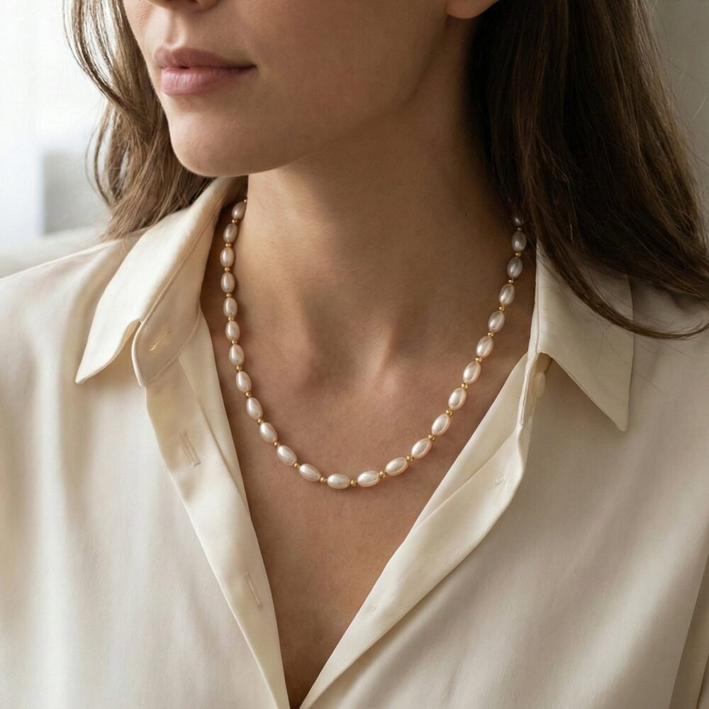 Pearl Beaded Necklace – Elegant Lightweight Gold-Tone Link Detail