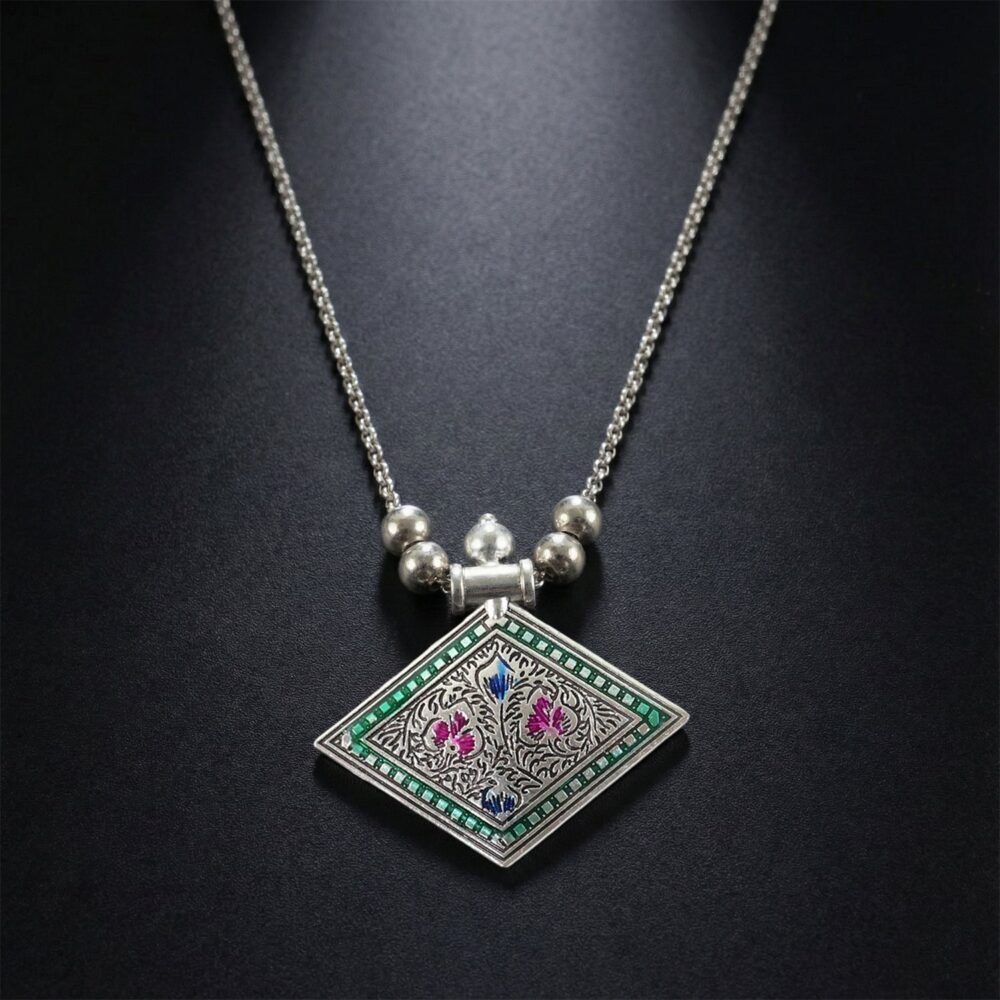 Traditional Square Motif Oxidised Silver Pendant Necklace – Elegant Ethnic Style