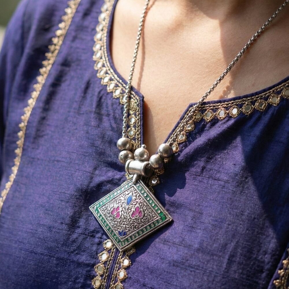 Traditional Square Motif Oxidised Silver Pendant Necklace – Elegant Ethnic Style