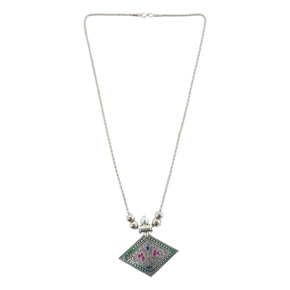 Traditional Square Motif Oxidised Silver Pendant Necklace – Elegant Ethnic Style