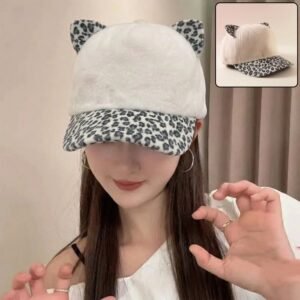 Cat Ear Fur Cap – Trendy Winter Headwear with Printed Visor