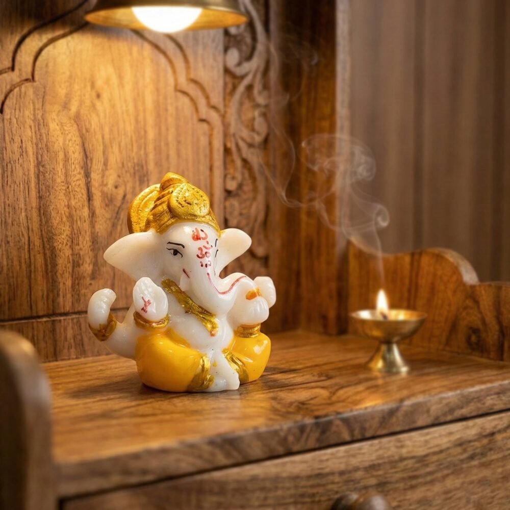 Lord Ganesha Decorative Idol – Mini Murti with Golden Crown