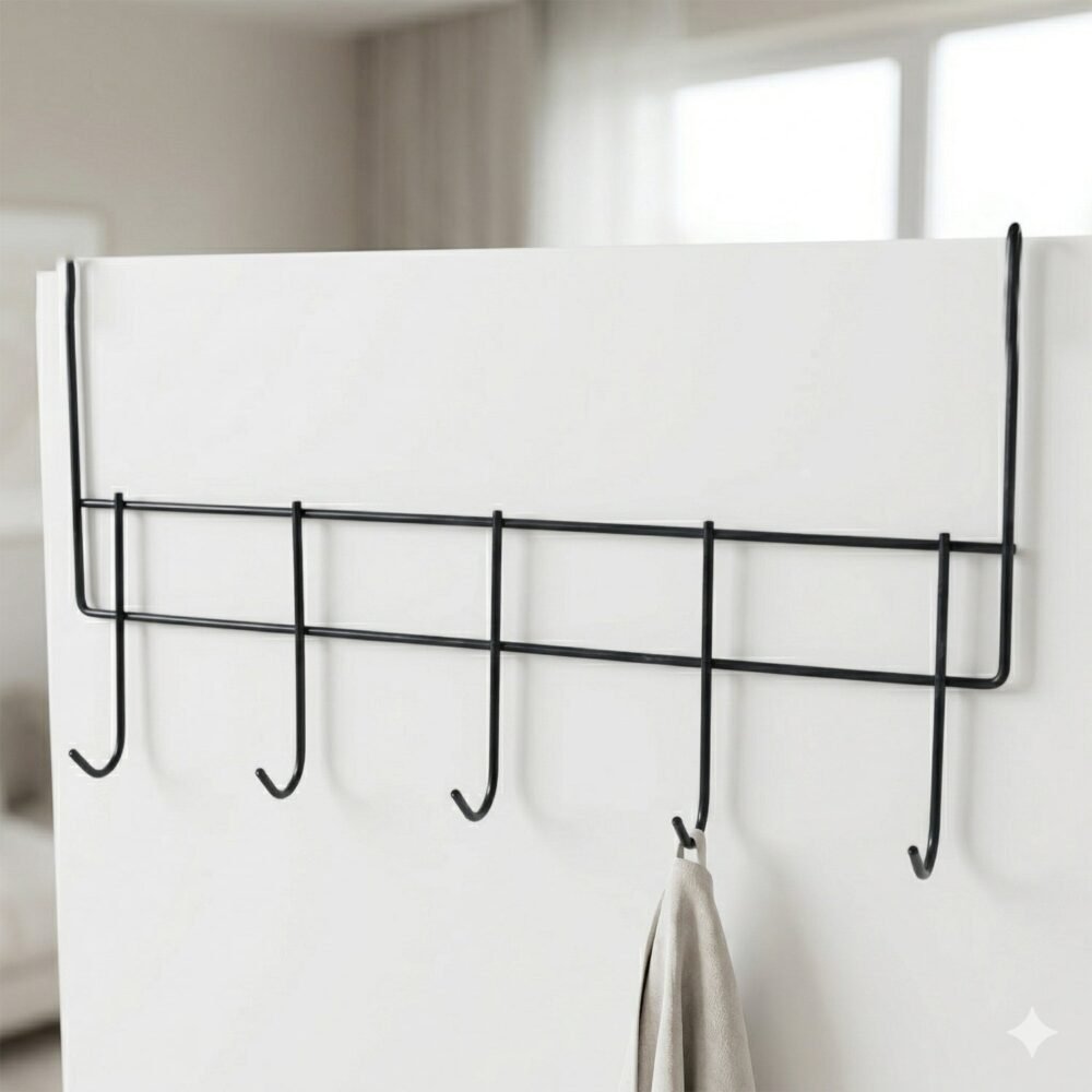 HookHangerOrganizer-05.jpg Over the Door Metal Hook Rack – Space Saving 5 Hook Organizer