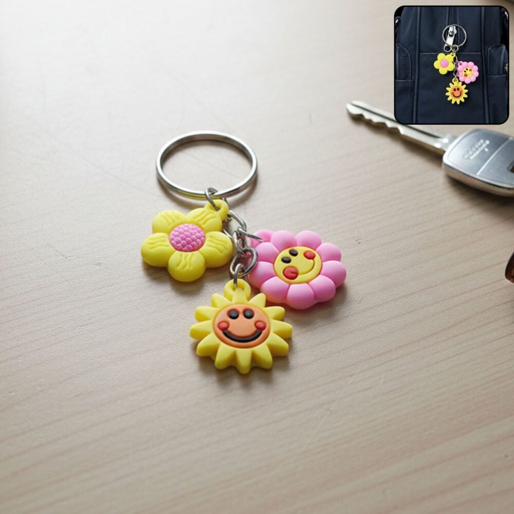 Keychain1-WOSKU-01_8a9104f5-d5ce-4cf4-9fea-b63a4068d160.jpg Flower Cartoon Keychain – Colorful Triple Charm for Keys & Bags