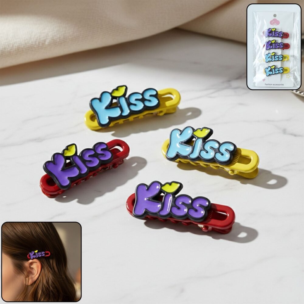 Kiss Text Hair Clip Set – Trendy 4-Piece Decorative Hair Accessories